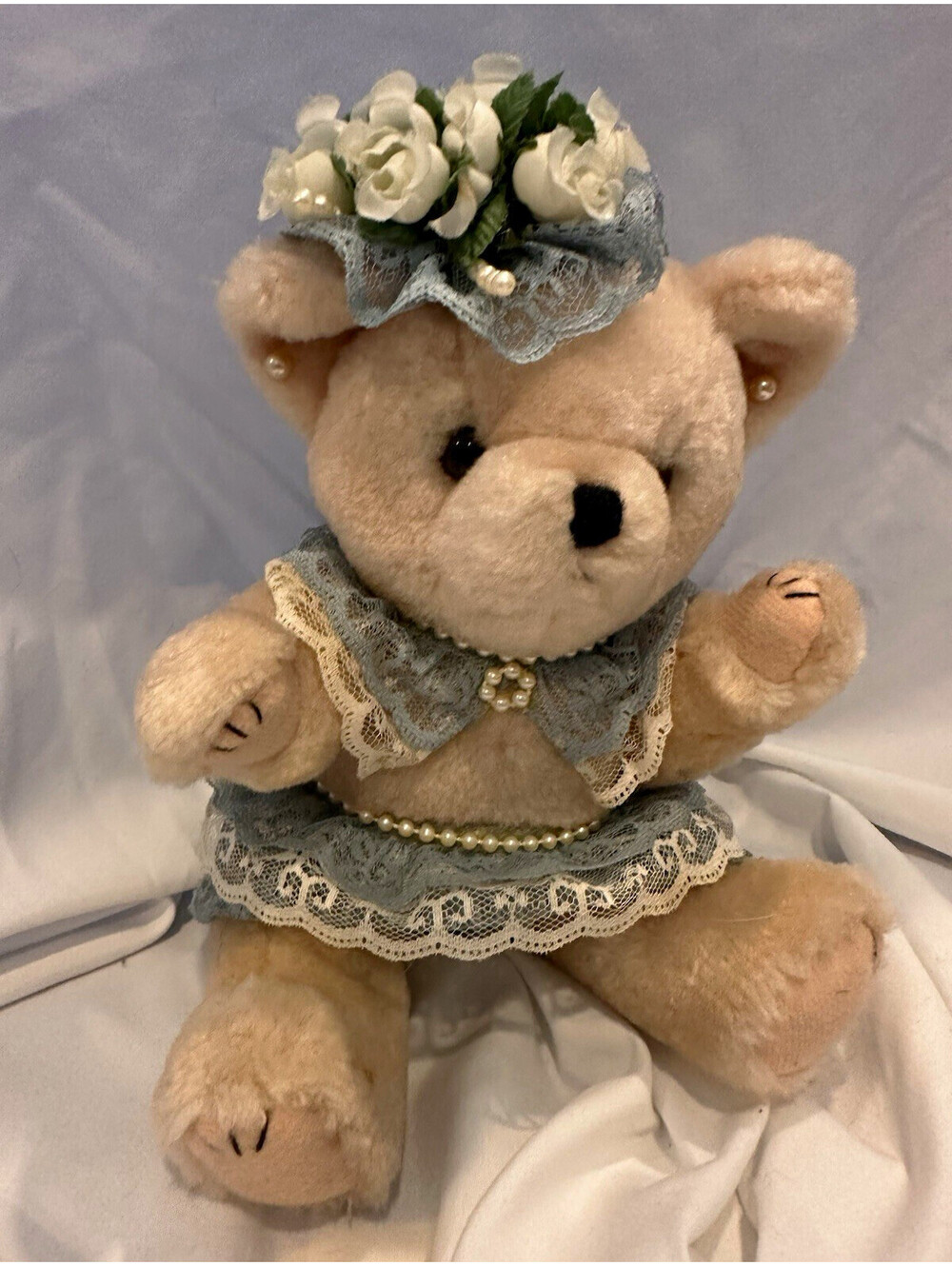 Beige Plush Teddy Bear 10 in w/ Blue Lace Dress & Floral Hat